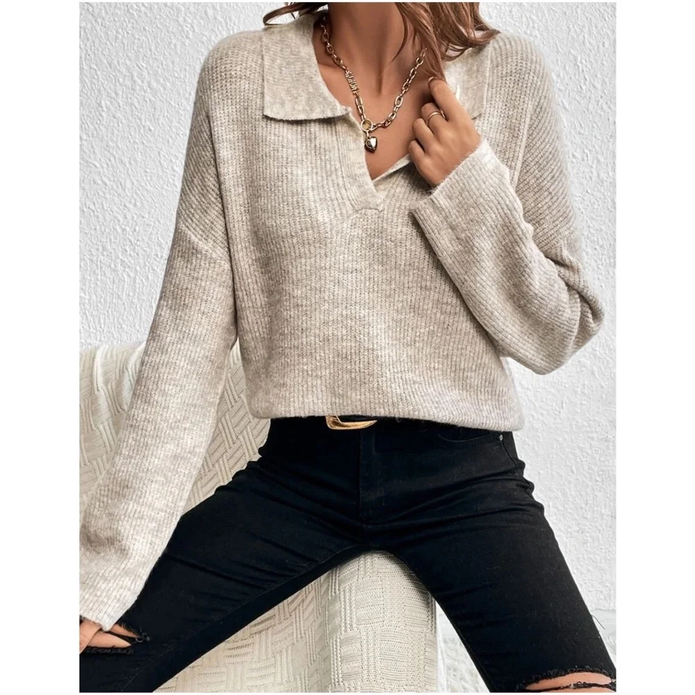 Solid Notched neck Oversized Sweater Top - Picture 7 of 9
